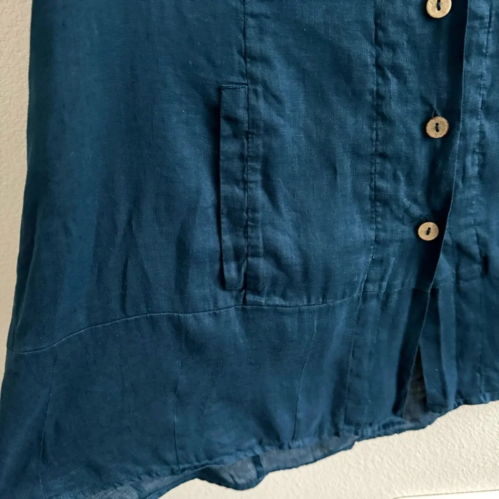 Soft Surroundings Island Breeze Shirt Deep Sea Blue Linen Button Down - Picture 4 of 10